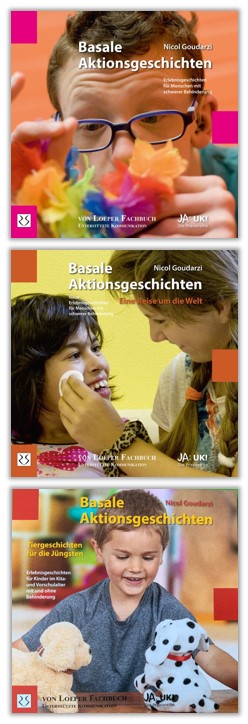 Drei Cover der Bücher von Nicol Goudarzi.
Buch 1: Basale Aktionsgeschichten - Rund ums Jahr.
Buch 2: Basale Aktionsgeschichten - Eine Reise um die Welt.
Buch 3: Basale Aktionsgeschichten - Tierkinder und ihre Abenteuer"