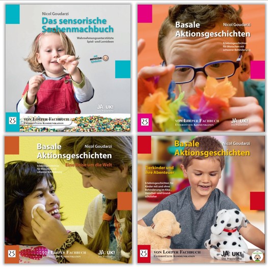 Vier Buchcover von Nicol Goudarzi:
1) Da sensorische Sachenmachbuch
2) Basale Aktionsgeschichten - Rund ums Jahr
3) Basale Aktionsgeschichten - Reise um die Welt
4) Basale Aktionsgeschichten - Tierkinder und ihre Abenteuer